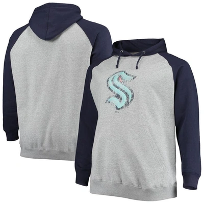 Fanatics Men's Heathered Gray, Deep Sea Blue Seattle Kraken Big And Tall Raglan Pullover Hoodie In Heathered Gray,deep Sea Blue