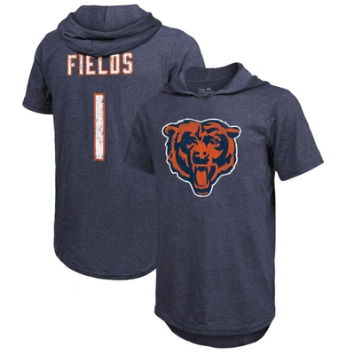 Majestic Threads Justin Fields Navy Chicago Bears Player Name & Number Tri-blend Slim Fit Hoodie T-s