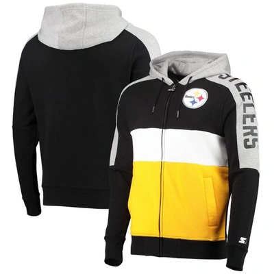 Starter Black/gold Pittsburgh Steelers Playoffs Color Block Full-zip Hoodie