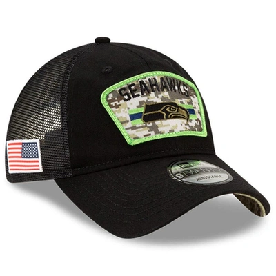 New Era Kids' Youth  Black/camo Seattle Seahawks 2021 Salute To Service Trucker 9twenty Snapback Adjustable In Black,camo