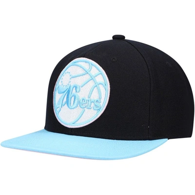 Mitchell & Ness Men's Black And Light Blue Philadelphia 76ers Pastel Snapback Hat In Black/light Blue