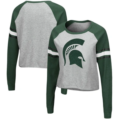 Colosseum Women's  Heathered Gray, Green Michigan State Spartans Decoder Pin Raglan Long Sleeve T-shi In Heathered Gray,green