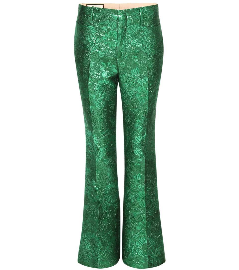 Gucci Iridescent Floral Brocade Trousers In Metallic Emerald-green ...