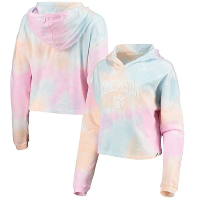 League Collegiate Wear Women's  Pink, White Clemson Tigers Tie-dye Cropped Pullover Hoodie In Pink,white