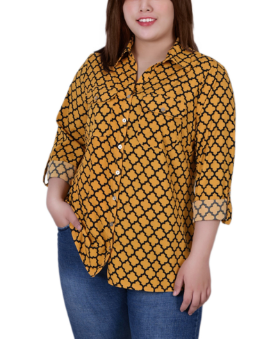 Ny Collection Plus Size 3/4 Sleeve Roll Tab Notch Collar Blouse Top In Golden-tone Glow