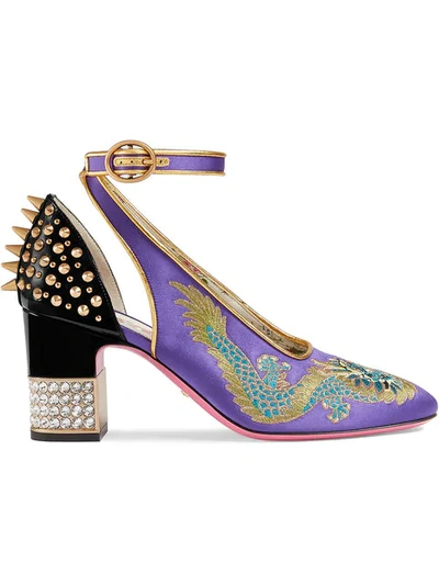 Gucci Embroidered Satin And Leather Pumps In Pink&purple