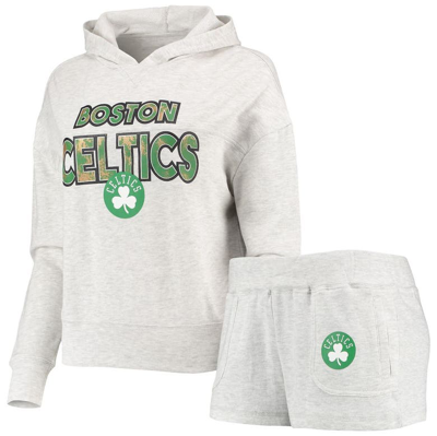 Concepts Sport Women's Cream Boston Celtics Crossfield Long Sleeve Hoodie Top And Shorts Sleep Set