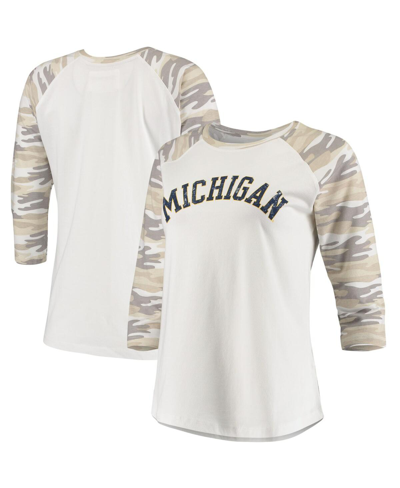 Camp David Women's White And Camo Michigan Wolverines Boyfriend Baseball Raglan 3/4 Sleeve T-shirt In White/camo