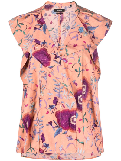 Isabel Marant Rishane Floral Print Ruffle Stretch Silk Blouse In Papaya