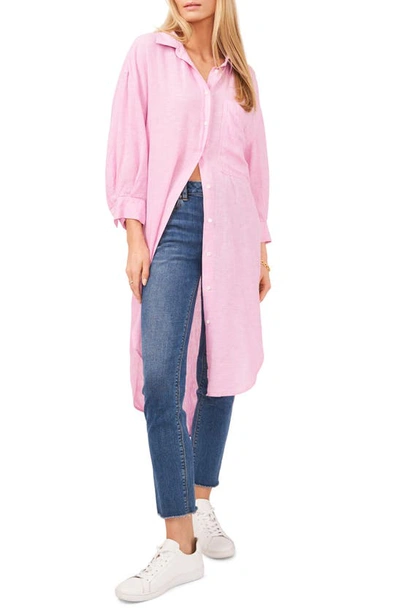 Vince Camuto Cross Dye Linen Button Front Dress In Fresh Pink
