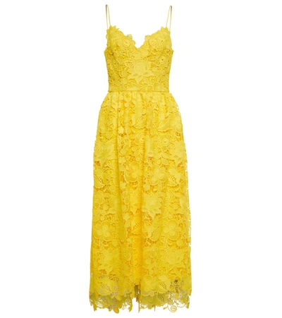Monique Lhuillier Floral Guipure Lace Midi Dress In Yellow