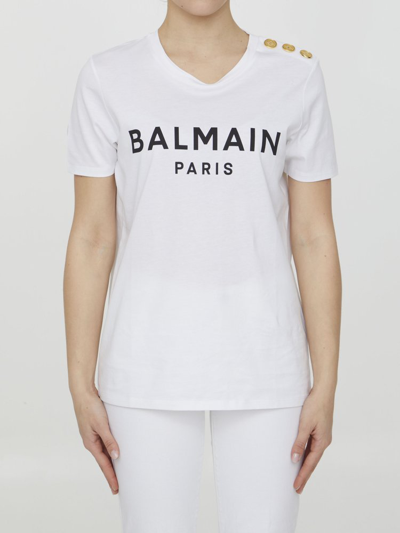 Balmain Three-button Logo-print T-shirt In White,black