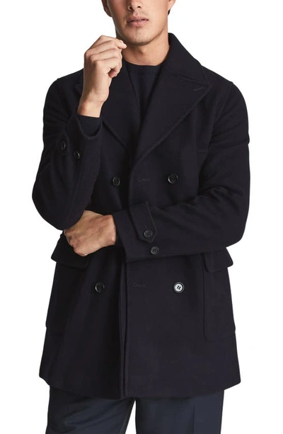 Reiss Cork Wool Blend Double Breasted Peacoat In Navy