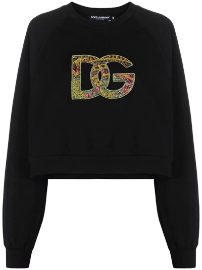 Dolce & Gabbana Cropped Jersey Sweatshirt With Brocade Dg Logo In Black