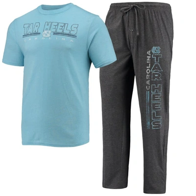Concepts Sport Heathered Charcoal/carolina Blue North Carolina Tar Heels Meter T-shirt & Pants Sleep In Heathered Charcoal,carolina Blue
