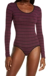 Yummie Long Sleeve Bodysuit In Potent Purple/black Stripe
