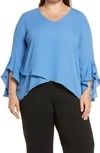 Vince Camuto Flutter Sleeve Crossover Georgette Tunic Top In Steel Blue