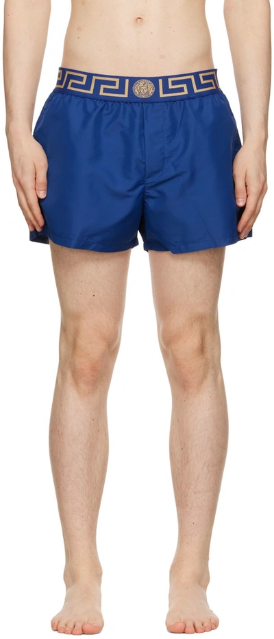 Versace Greca Bluette Nylon Swim Shorts Man In Blu Oro