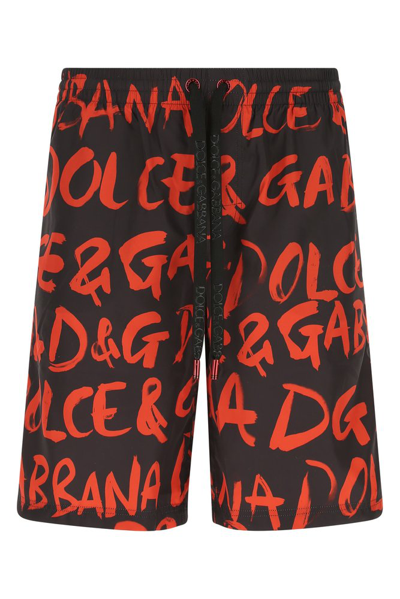 Dolce & Gabbana Long Swim Trunks With Logo Print In Black