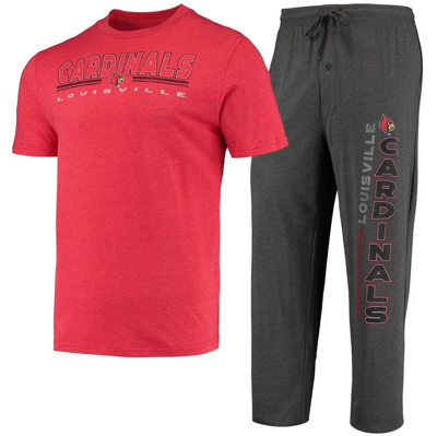 Concepts Sport Men's  Heathered Charcoal, Red Louisville Cardinals Meter T-shirt And Pants Sleep Set In Heathered Charcoal,red