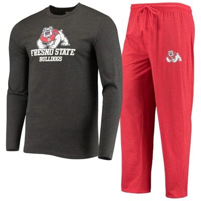 Concepts Sport Red/heathered Charcoal Fresno State Bulldogs Meter Long Sleeve T-shirt & Pants Sleep In Red,heathered Charcoal