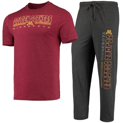 Concepts Sport Men's  Heathered Charcoal, Maroon Minnesota Golden Gophers Meter T-shirt And Pants Sle In Heathered Charcoal,maroon