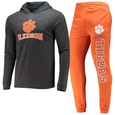Concepts Sport Orange/heather Charcoal Clemson Tigers Meter Long Sleeve Hoodie T-shirt & Jogger Paja In Orange,charcoal