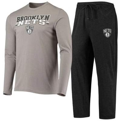 Concepts Sport Men's  Black And Gray Brooklyn Nets Long Sleeve T-shirt And Pants Sleep Set In Black,gray