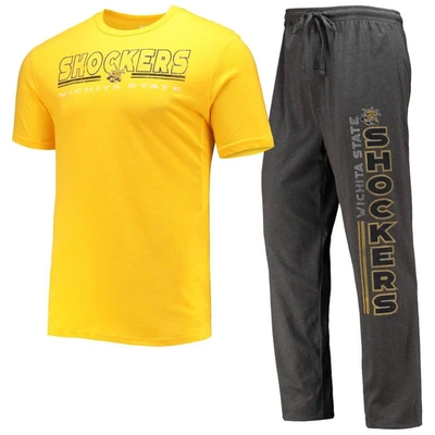Concepts Sport Men's  Heathered Charcoal, Yellow Wichita State Shockers Meter T-shirt And Pants Sleep In Heathered Charcoal,yellow