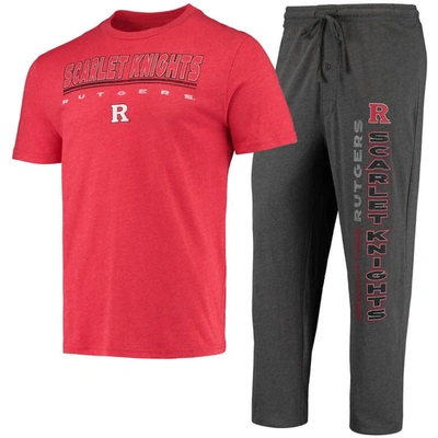Concepts Sport Men's  Heathered Charcoal, Scarlet Distressed Rutgers Scarlet Knights Meter T-shirt An In Heathered Charcoal,scarlet