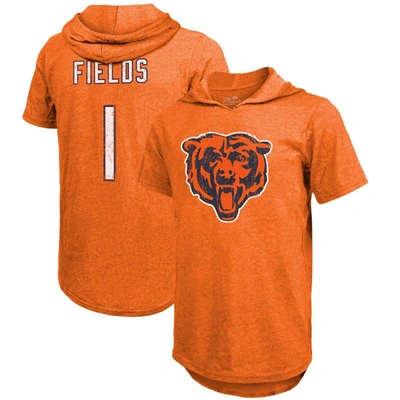 Majestic Fanatics Branded Justin Fields Orange Chicago Bears Player Name & Number Tri-blend Short Sleeve Hood