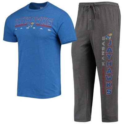 Concepts Sport Men's  Heathered Charcoal, Royal Kansas Jayhawks Meter T-shirt And Trousers Sleep Set In Heathered Charcoal,royal