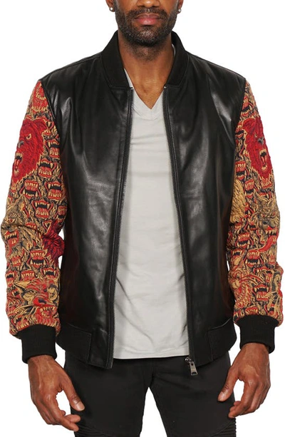 Maceoo Embroidered Sleeve Leather Bomber Jacket In Black
