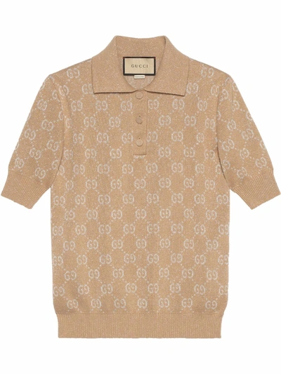 Gucci Gg-monogram Metallic Cotton-blend Polo Top In Brown