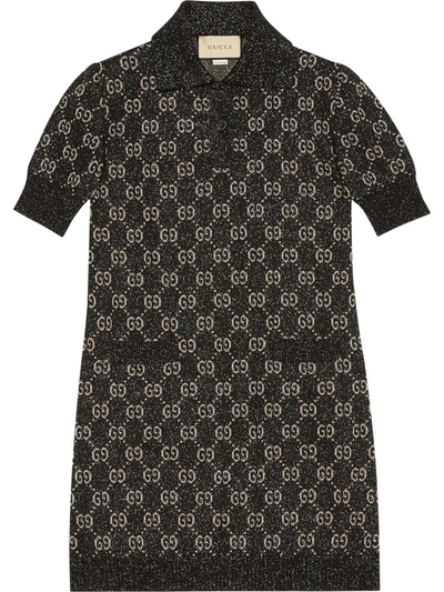 Gucci Gg-monogram Metallic Cotton-blend Polo Dress In Black