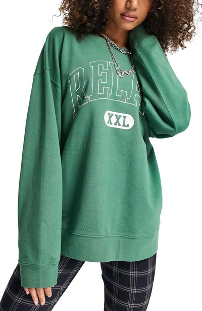 Topshop Relax Embroidered Cotton Sweatshirt In Mid Green