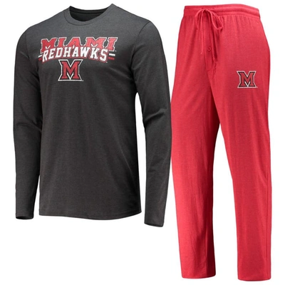 Concepts Sport Red/heathered Charcoal Miami University Redhawks Meter Long Sleeve T-shirt & Pants Sl In Red,heathered Charcoal