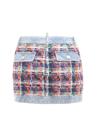 Dsquared2 Multicolour Tweed And Denim Mini Skirt In Fuchsia