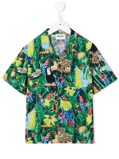 Kenzo Multicolor Boy Shirt With Botanical Print Classic Collar, Front Closure With Buttons, Short Sleeves In Green