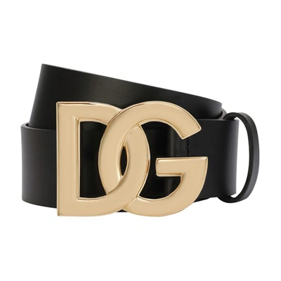 Dolce & Gabbana Lux Leather Belt With Crossover Dg Logo Buckle In Black_gold