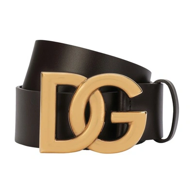 Dolce & Gabbana Lux Leather Belt With Crossover Dg Logo Buckle In Dark_brown_gold