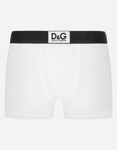 Dolce & Gabbana Two-way Stretch Cotton Boxers With D&g Patch In Optical_white