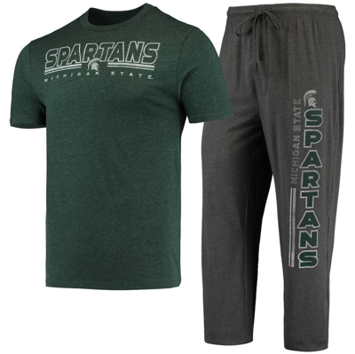 Concepts Sport Men's  Heathered Charcoal, Green Michigan State Spartans Meter T-shirt And Pants Sleep In Heathered Charcoal,green
