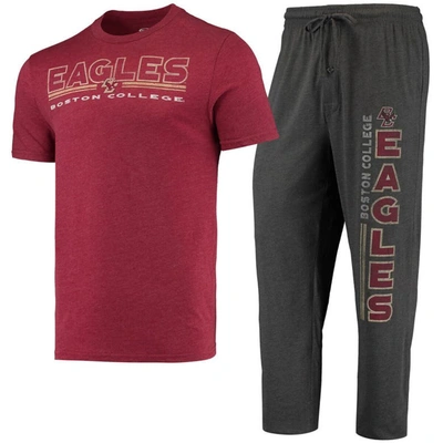 Concepts Sport Men's  Heathered Charcoal, Maroon Boston College Eagles Meter T-shirt And Pants Sleep In Heathered Charcoal,maroon