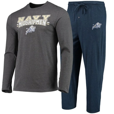 Concepts Sport Men's  Navy, Heathered Charcoal Distressed Navy Midshipmen Meter Long Sleeve T-shirt A In Navy,heather Charcoal
