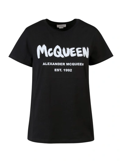 Alexander Mcqueen Black Cotton T-shirt With Logo Print In Black,white