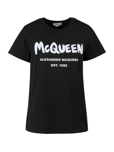 Alexander Mcqueen Black Cotton T-shirt With Logo Print In Black/whit