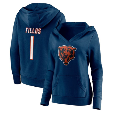 Fanatics Women's  Justin Fields Navy Chicago Bears Player Icon Name And Number V-neck Pullover Hoodie