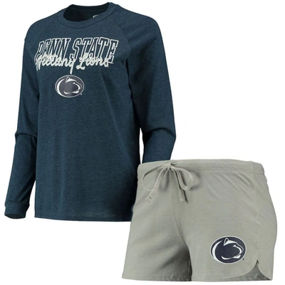 Concepts Sport Women's  Navy, Gray Penn State Nittany Lions Raglan Long Sleeve T-shirt And Shorts Sle In Navy,gray