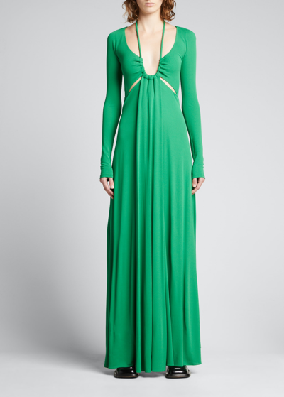 Proenza Schouler Halter Neck Long Sleeve Matte Jersey Maxi Dress In Green,black